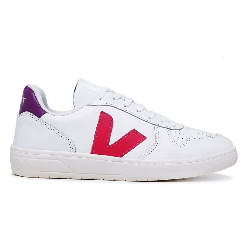 TÊNIS VERT V-10 COURO EXTRA BRANCO VERMELHO E ROXO